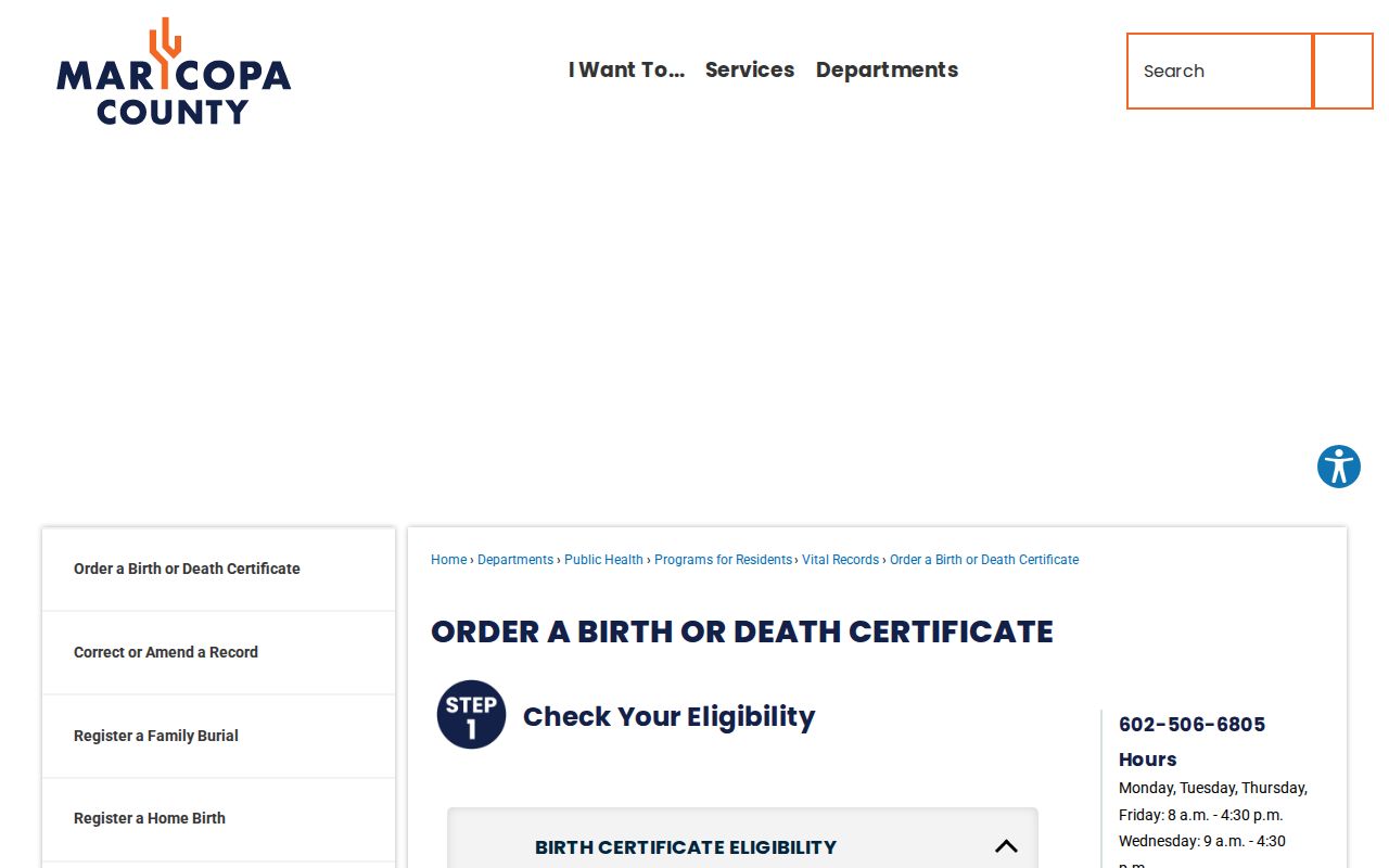 Tempe previous residents Maricopa County vital record ordering page