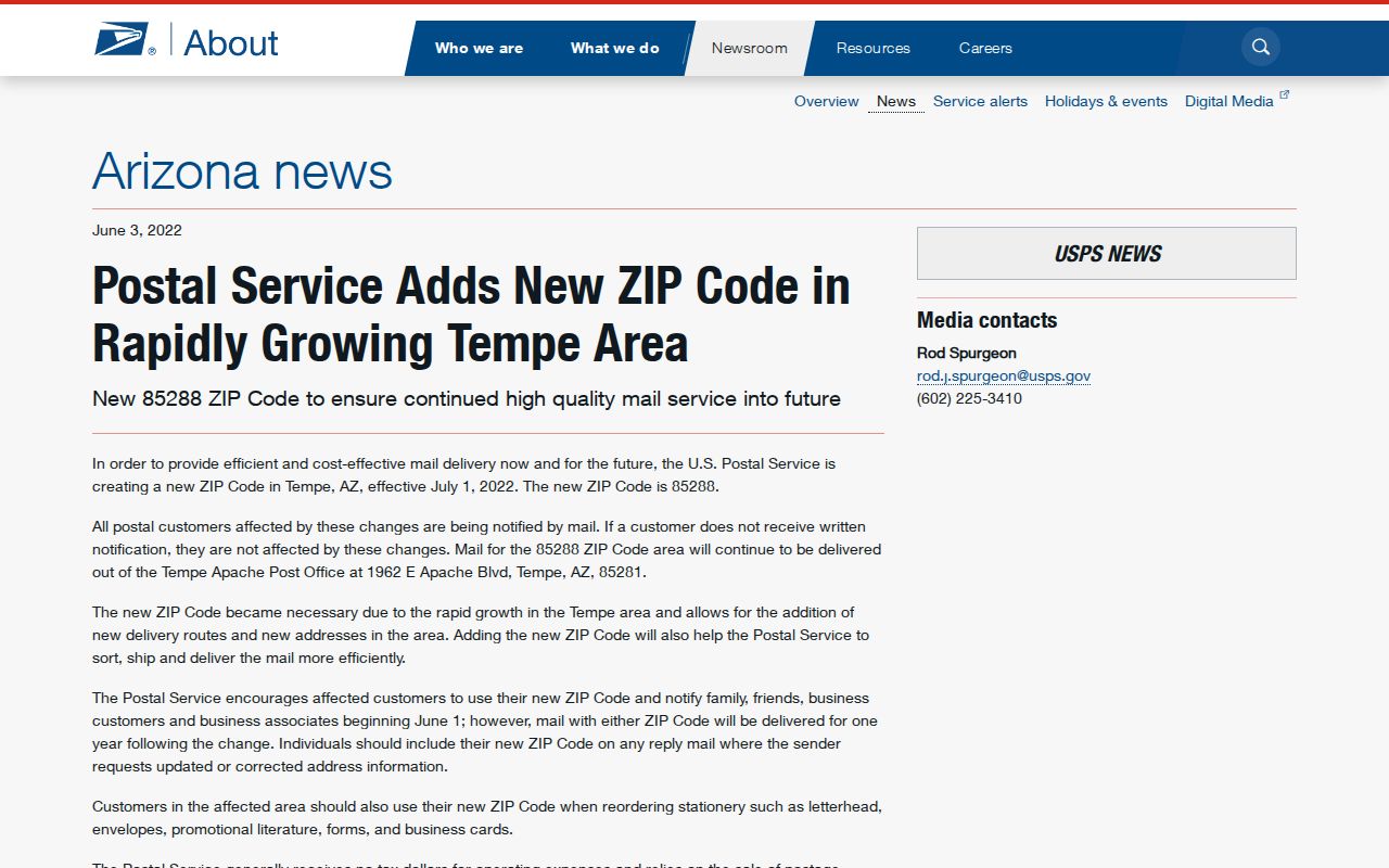 Tempe ZIP code directory source for the 85288 USPS split
